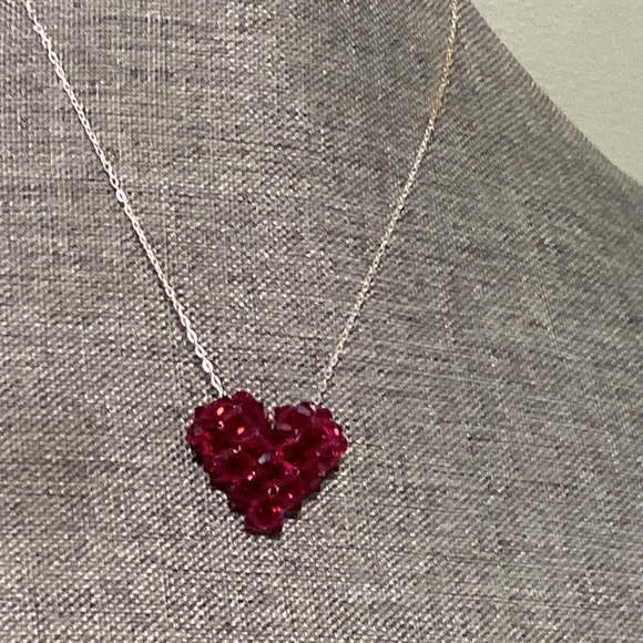 Red Glass Beaded Heart Sterling Silver Necklace - Picture 2 of 7